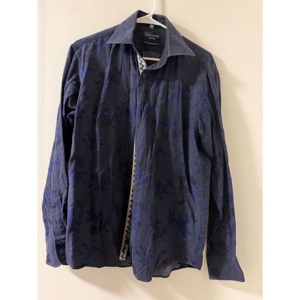 Visconti Uomo Button Down Mens Medium Navy Blue Good Floral Camo Cotton Shirt
